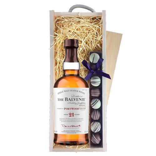 Balvenie 21 Year Old PortWood Finish 70cl & Heart Truffles, Wooden Box